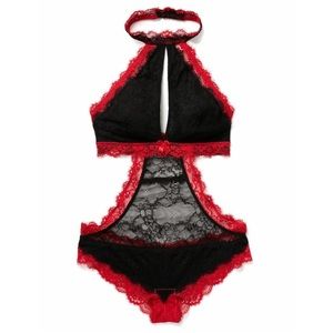 French Maid Role play Unlined Bodysuit Black Devil Red Cream S M